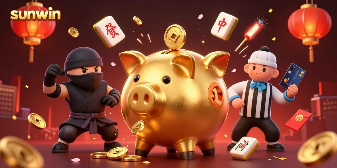 Engage with the sunwin action in this vibrant 3D casino scene featuring a sumo wrestler piggy bank.