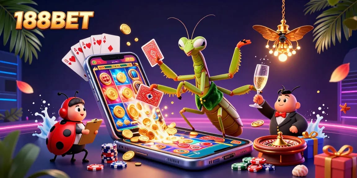 Engage in thrilling gameplay with 188BET as characters celebrate winning moments amidst vibrant casino elements.