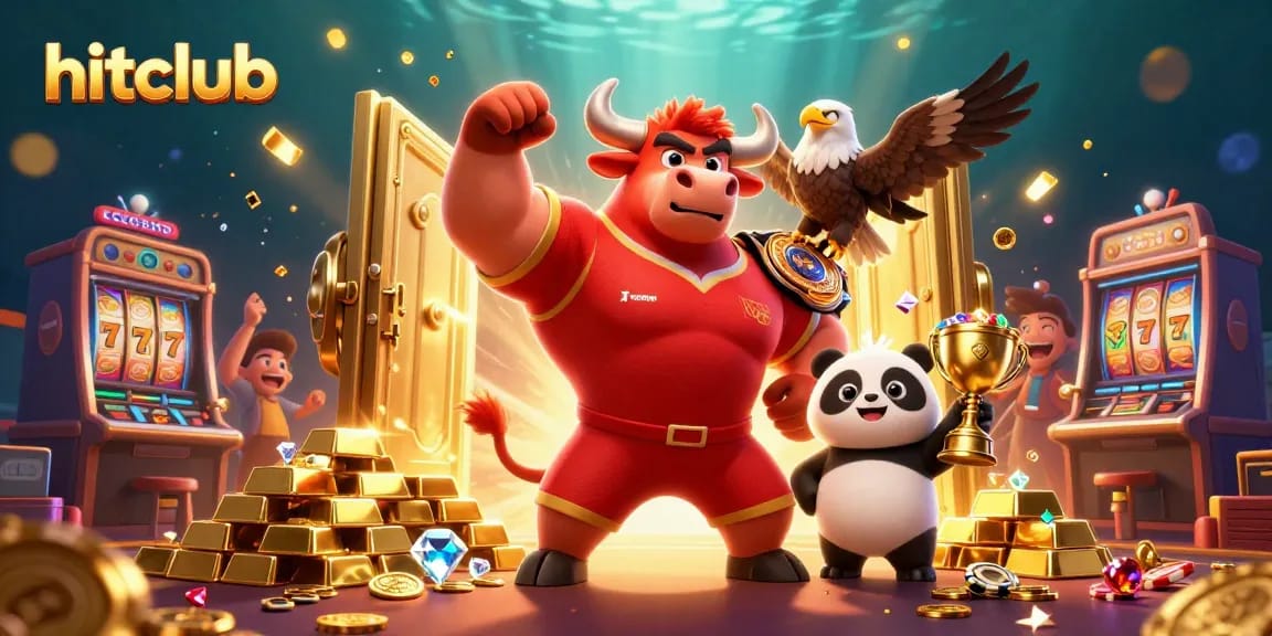 Join the hitclub with a vibrant scene of a victorious bull, eagle, and panda amidst sparkling casino riches.