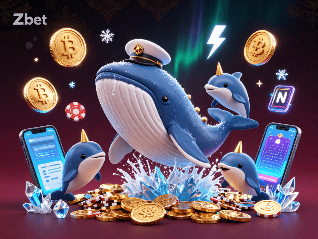 Experience Zbet with a vibrant 3D casino scene featuring a whale and playful dolphins amid a sea of coins.