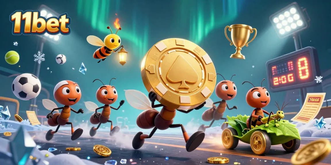 Engage with thrilling games at 11bet featuring an adventurous heist scene of ants and sports elements.