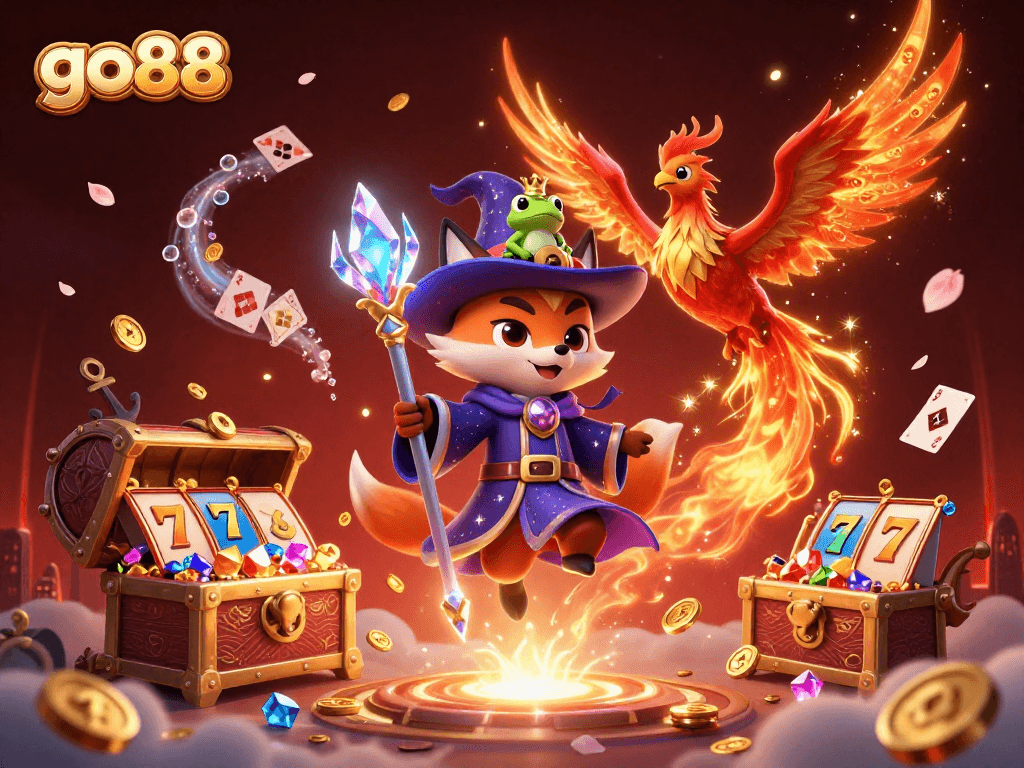 Join the excitement at go88 with a vibrant 3D casino scene featuring a wizard fox and Phoenix.