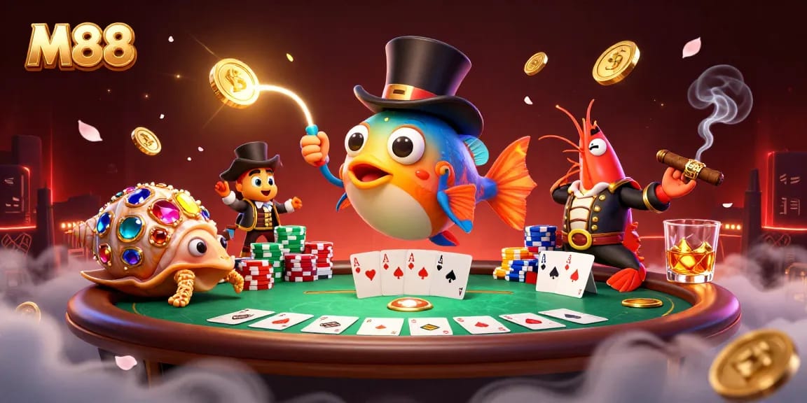 Engage with M88's thrilling gambling scene featuring vibrant casino elements and characters.