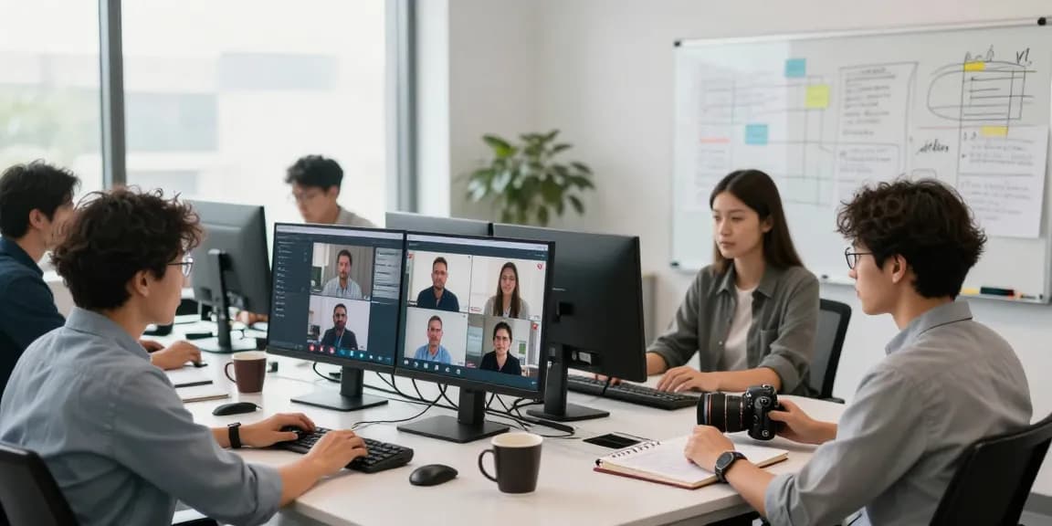 Team collaborating in an office with call recording software on screens, enhancing business communication.