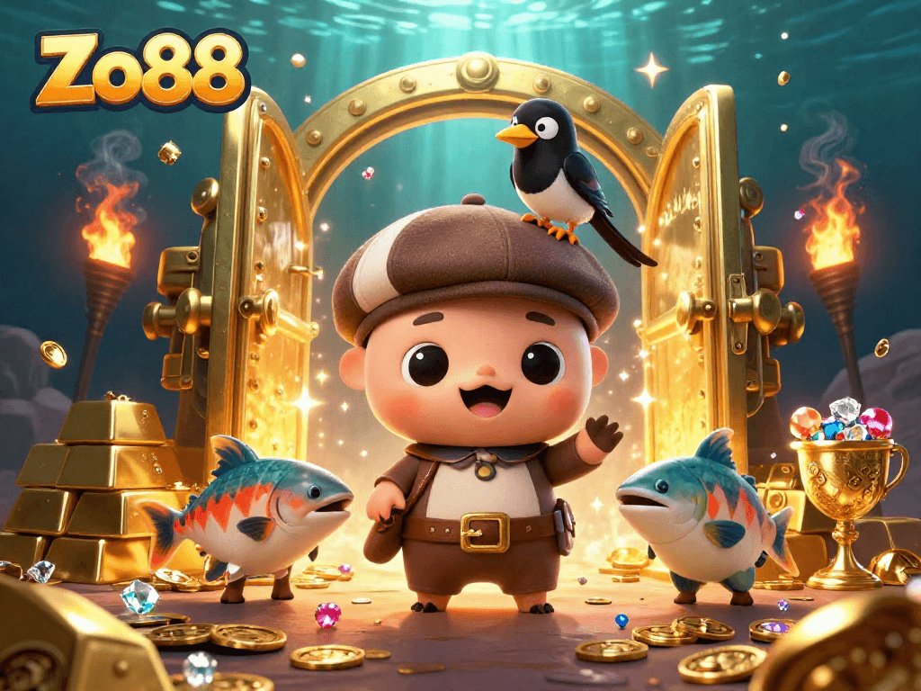 Experience thrilling wins at Zo88 with an enchanting underwater gaming scene featuring cute characters and treasures.
