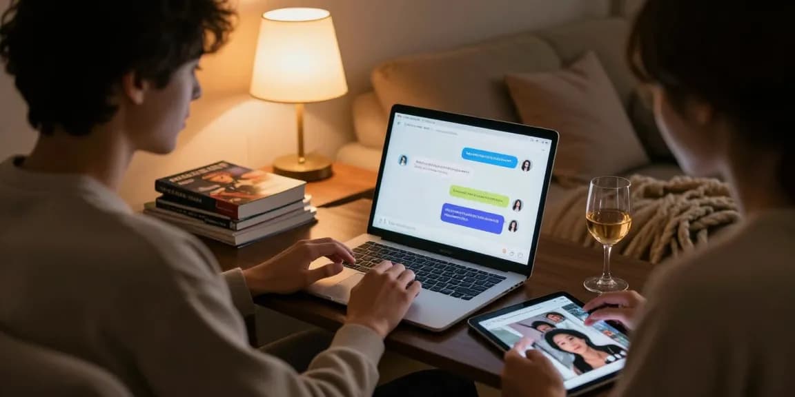 Engaging with an 18+ AI chatbot in a cozy setting, showcasing intimate digital interaction.