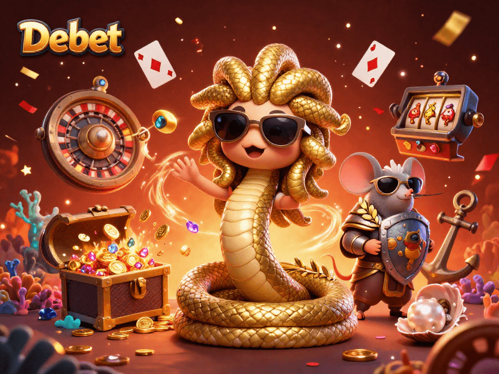 Debet showcases friendly Medusa and a mouse warrior amidst dynamic casino action, immersing players.