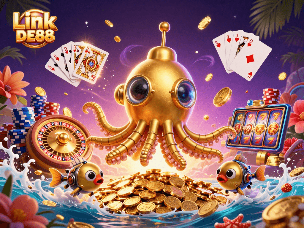 Engage with Link DE88 in an exciting 3D casino scene featuring a golden kraken and sparkling treasures.