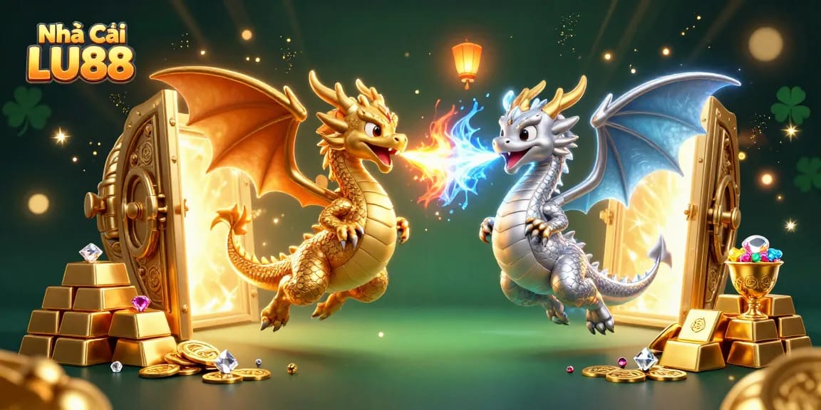 Experience the rich gameplay of Nhà Cái LU88 with gold and silver dragon guardians amidst treasure and casino elements.