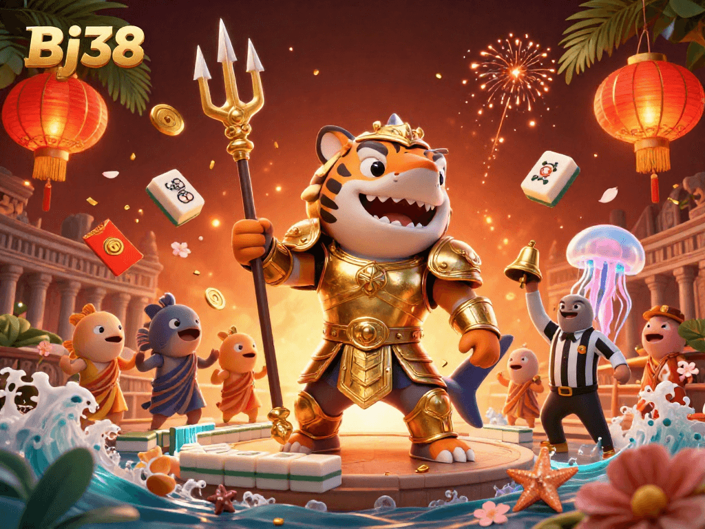 Bj38 showcases a vibrant underwater casino scene with a tiger shark gladiator and dynamic game elements.