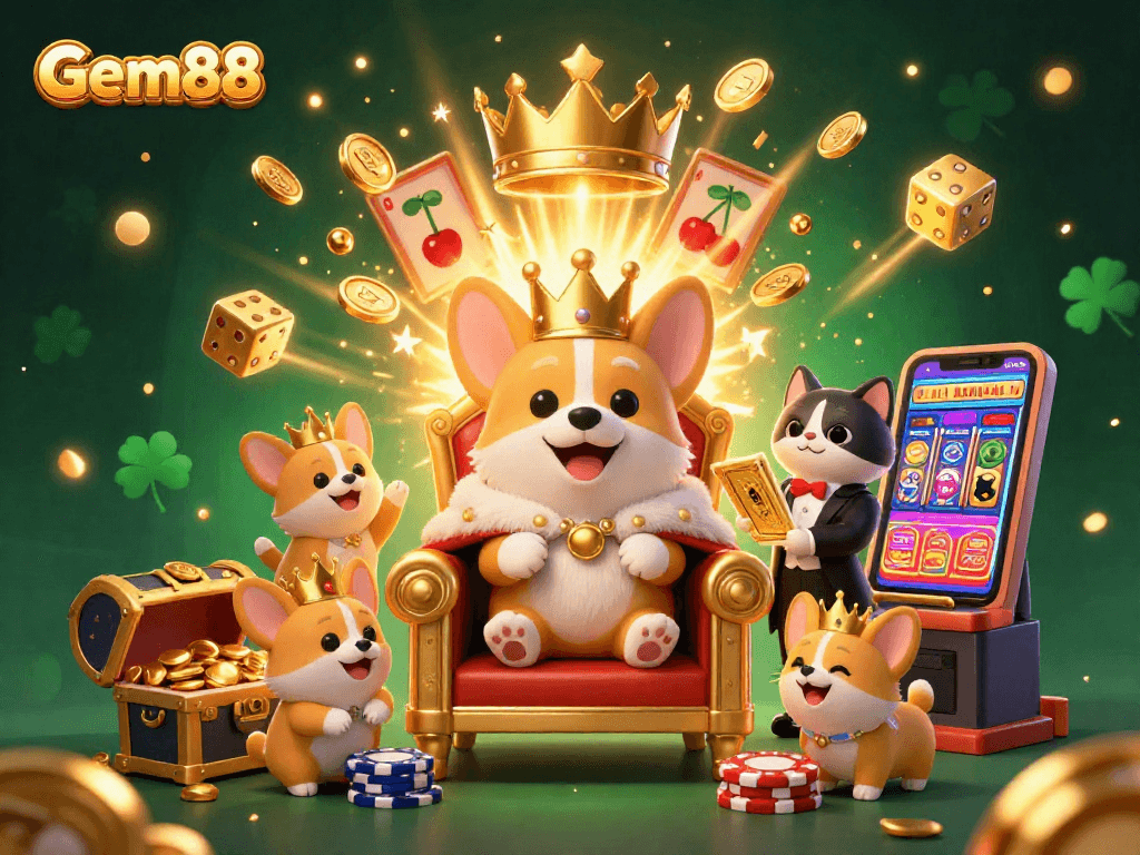 Engage in exciting jackpots at Gem88 with vibrant casino elements and energetic characters in a lavish digital illustration.