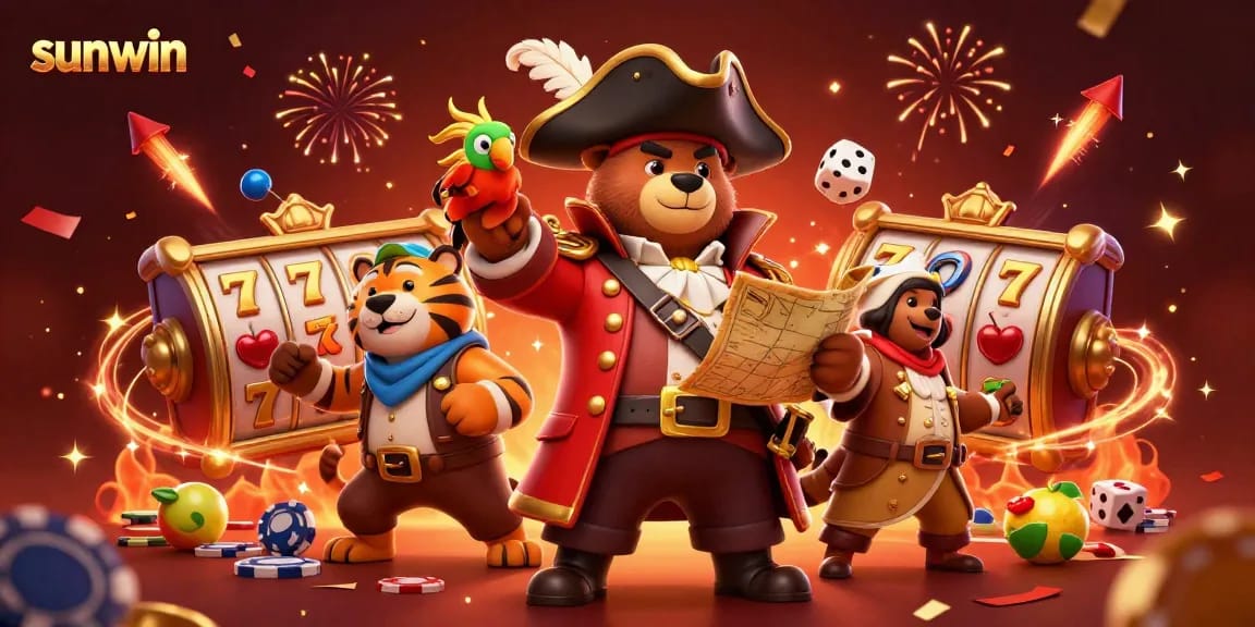 Engage with exciting sunwin casino adventures featuring a pirate bear and tiger amidst jackpot symbols.