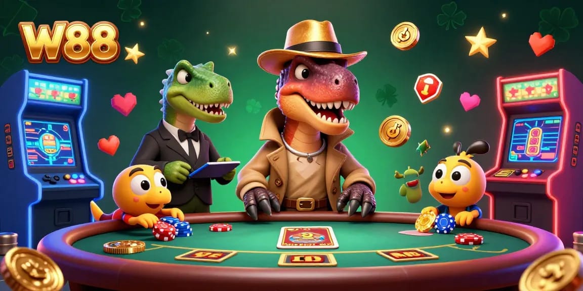 W88 showcases an exciting blackjack scene with a velociraptor card counter and a suspicious pit boss amidst vibrant casino elements