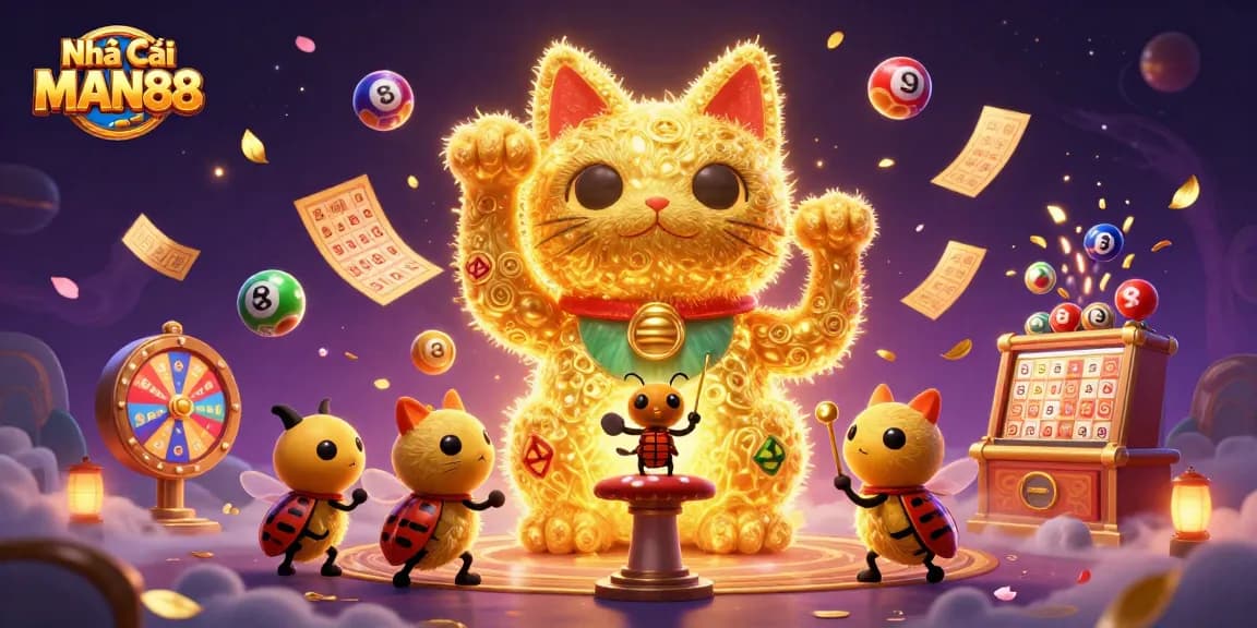 Engage with Nhà Cái MAN88 through a dynamic scene of golden fireflies in a lucky cat shape amid vibrant casino elements.