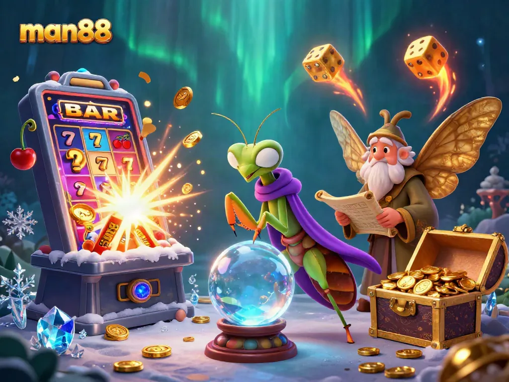 Experience the excitement of man88 casino with dynamic characters, slot machines, and gold coins.