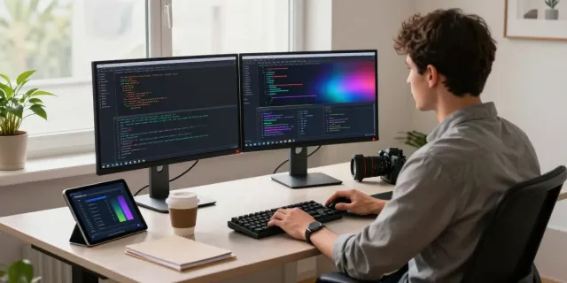 Tech professional coding in a modern workspace, showcasing instant indexing tools and vibrant code.