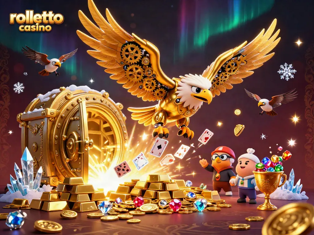 Win big with rolletto casino as a cybernetic eagle dives through playing cards.