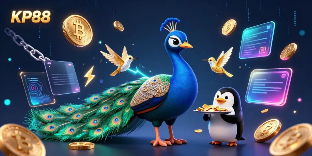 Engage with KP88's vibrant casino scene featuring animated characters and crypto elements.