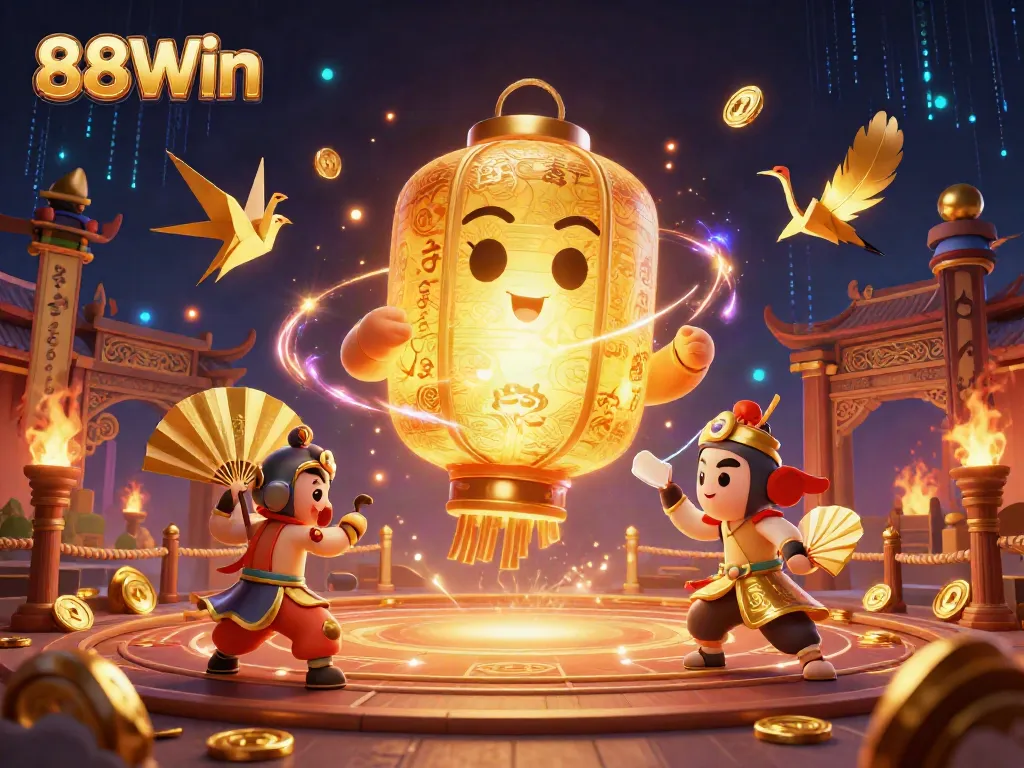 Engage with the thrilling essence of 88Win in a vibrant night market casino scene featuring magical elements.