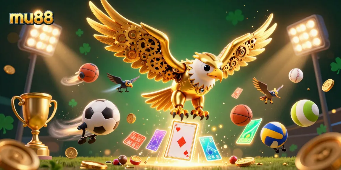 Experience the excitement of MU88 as the golden eagle soars through a vibrant 3D casino world.
