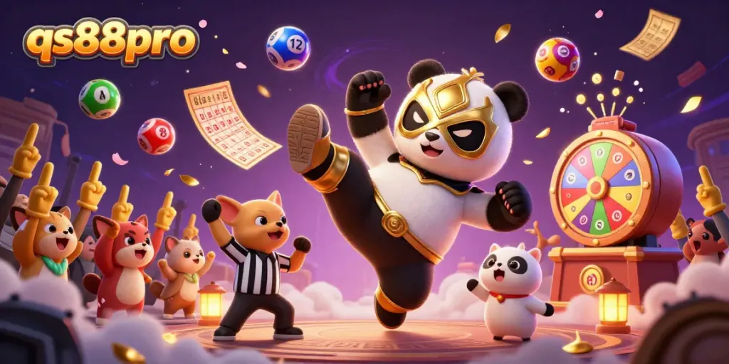 qs88pro presents a vibrant scene of a wrestler panda kicking, amidst lottery elements and excited spectators.