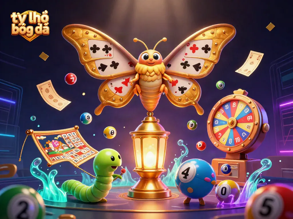 Bet on tỷ lệ bóng đá with vibrant casino scenes in a colorful 3D illustration of a golden atlas moth.