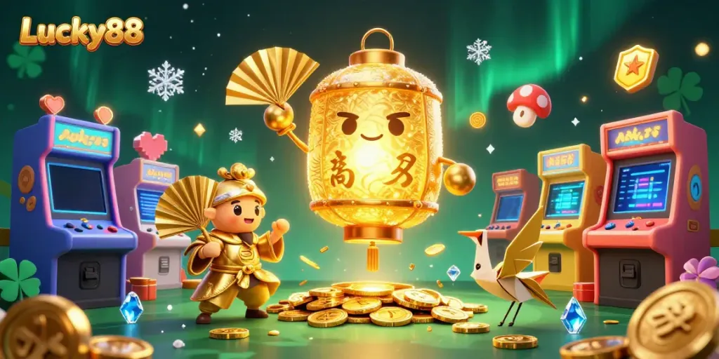 Engage with Lucky88's vibrant gaming scene featuring golden lanterns and arcade elements.
