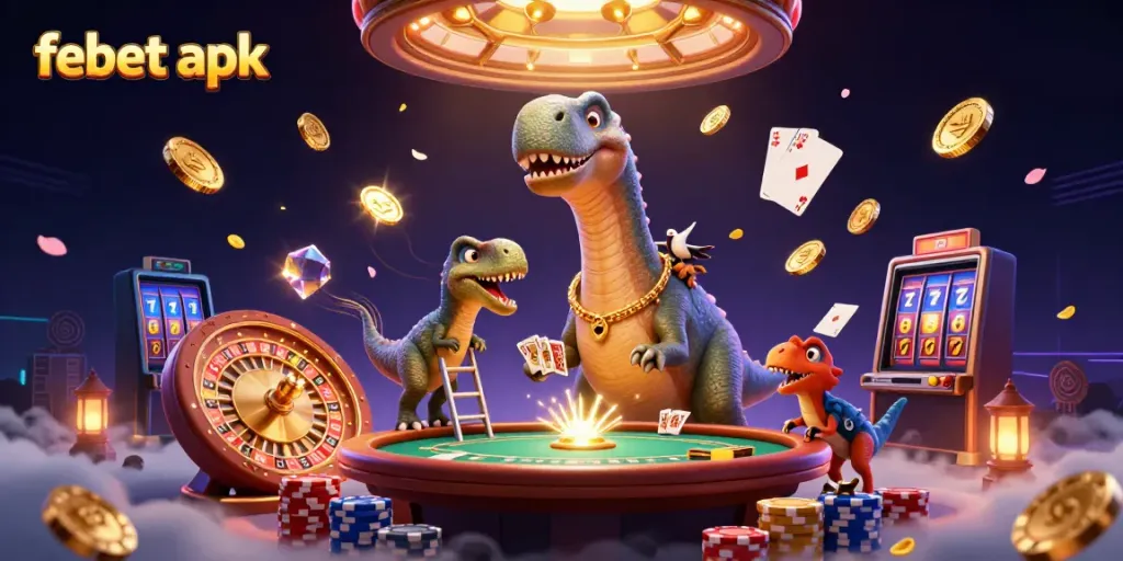 Experience the thrill with febet apk as the brontosaurus surveys the lively casino scene.