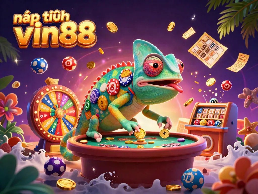 Engage in nạp tiền vin88 with vibrant lottery balls, golden tickets, and a colorful casino ambiance.