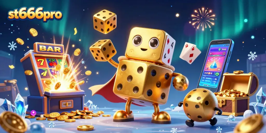 Win thrilling jackpots with st666pro's vibrant casino adventure featuring animated gold dice and slot machines.