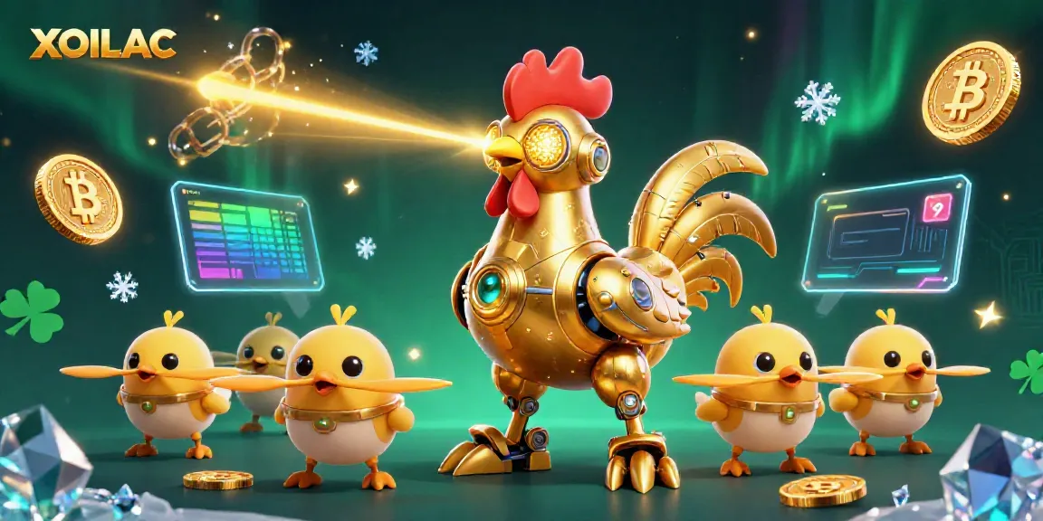 Engage with XOILAC's dynamic space featuring a golden rooster robot and crypto elements in action.