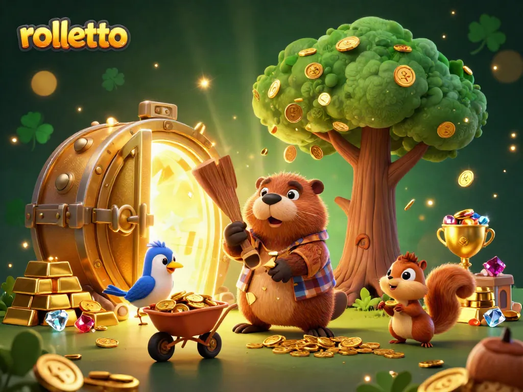 Experience the excitement of rolletto with a vibrant casino-themed illustration filled with energetic characters and gold.