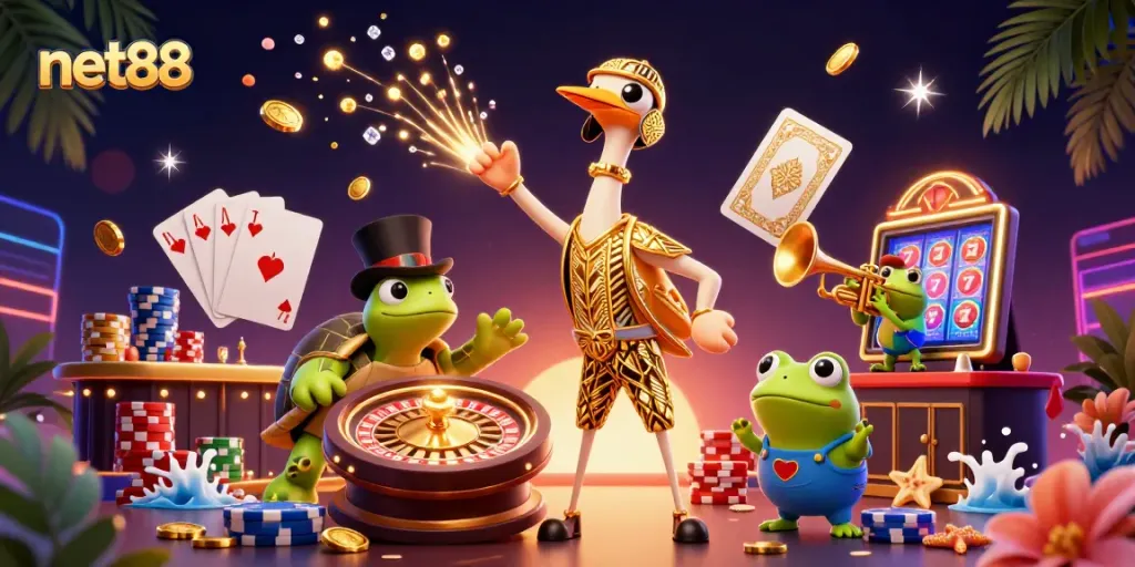 Engage in thrilling bets at NET88 with a vibrant scene of colorful casino characters.