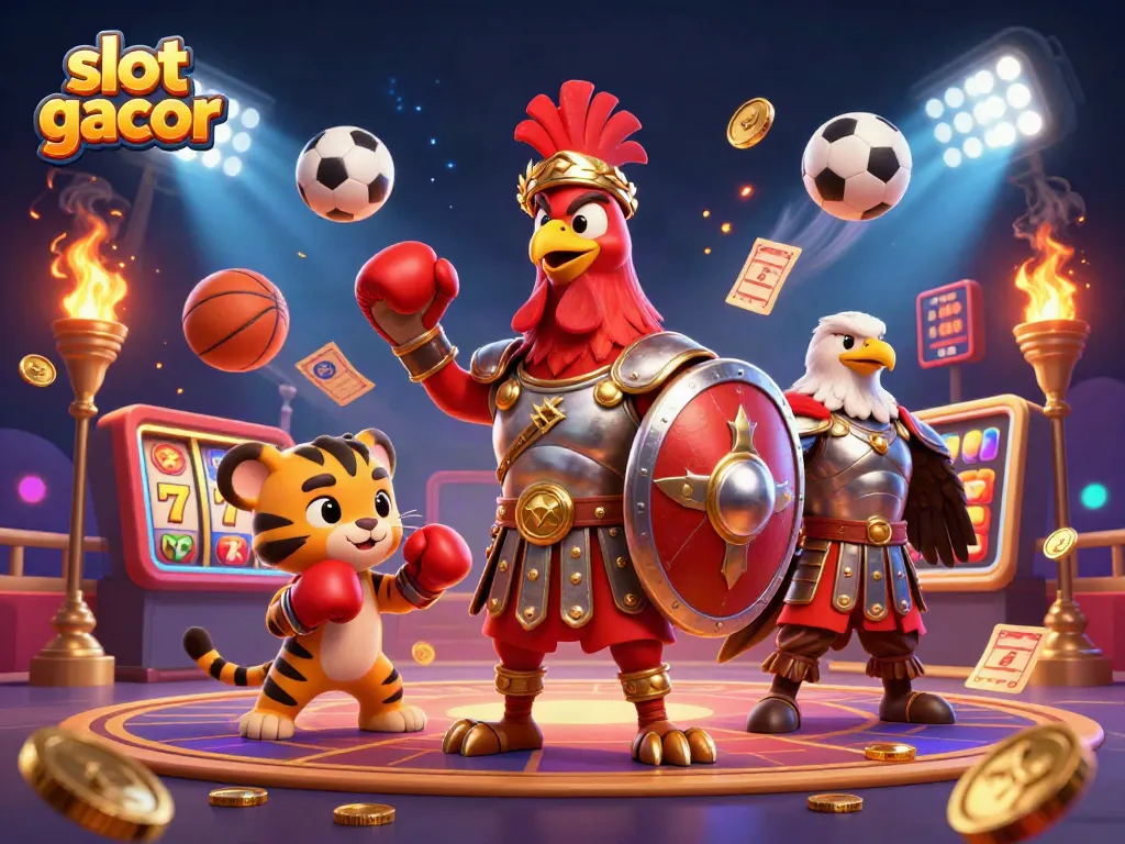 Experience slot gacor thrills with a dynamic illustration of a gladiator rooster and energetic casino atmosphere.