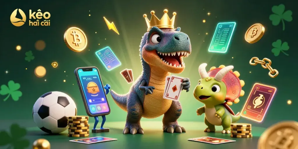Engage in exciting kèo nhà cái betting as playful dinosaurs shuffle cards and stack chips