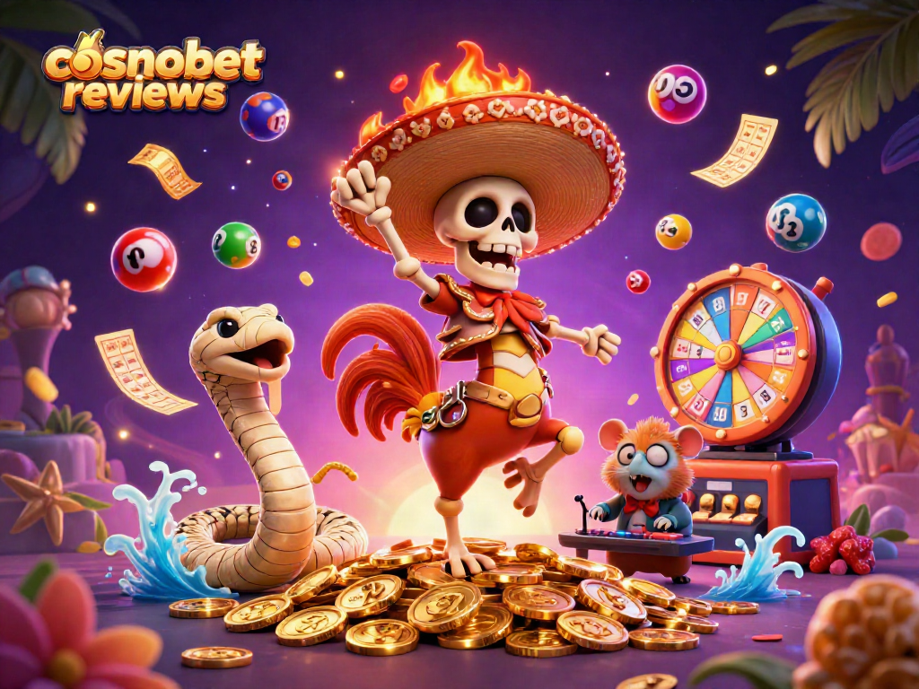 Engage with cosmobet reviews in a vibrant 3D illustration showcasing casino excitement.
