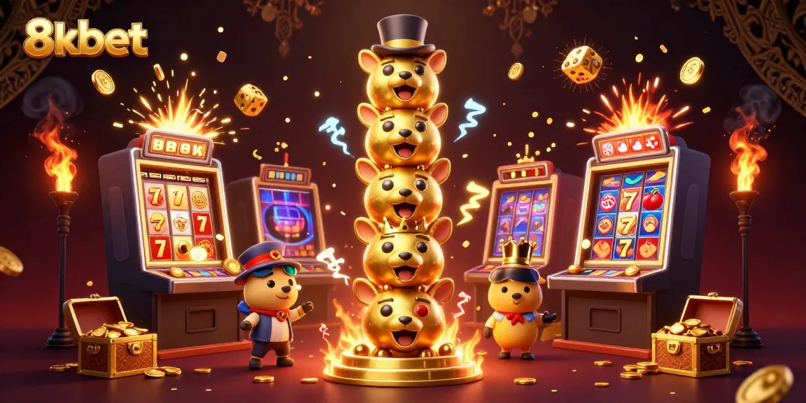 Spin and win at 8xbet with vibrant casino-themed 3D illustration showcasing a totem pole and slot machines.