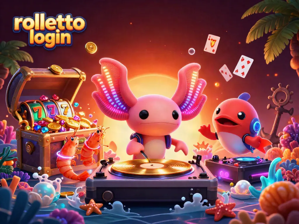 Experience the vibrant rolletto login scene featuring an axolotl DJ spinning reels and animated casino decor.