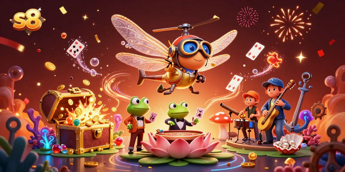 s8 casino scene featuring a dragonfly pilot and frog croupier amidst exploding treasure and vibrant celebrations