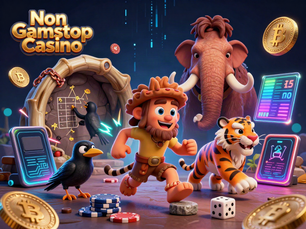 Engage with Non Gamstop Casino featuring a thrilling prehistoric scene, complete with vibrant game elements.