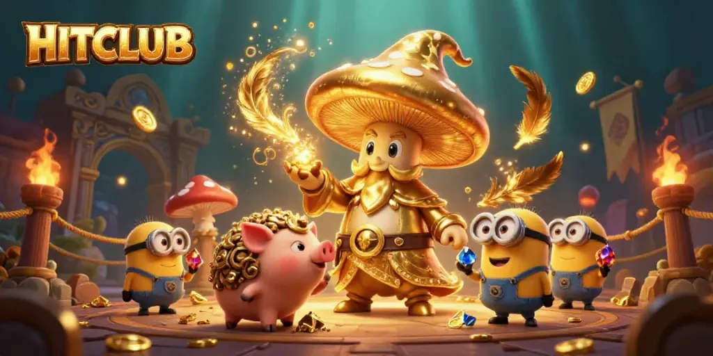 Experience the thrill of HITCLUB with a magical golden wizard, treasure, and dynamic casino elements.