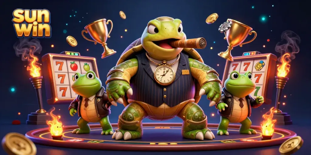 Experience the thrill of sun win with a vibrant casino scene featuring a snapping turtle and bullfrog enforcers.