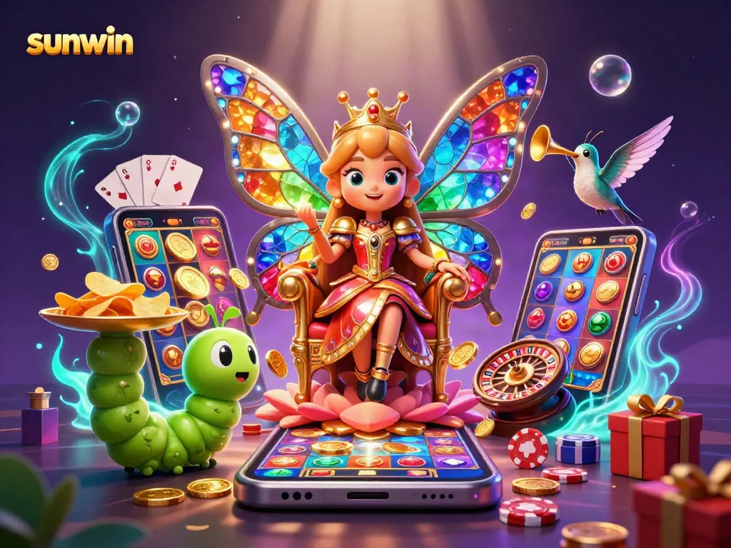 Experience the enchantment of sunwin with a cartoon butterfly queen amidst a vibrant casino scene filled with games and luxury.