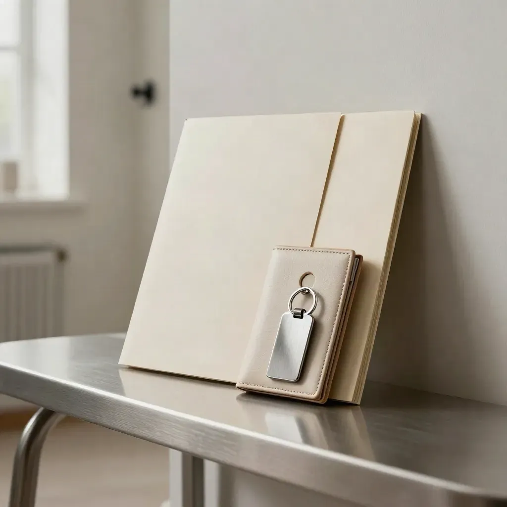 Tenant find service kit on a brushed-metal hallway bench with folder, wallet and key ring.