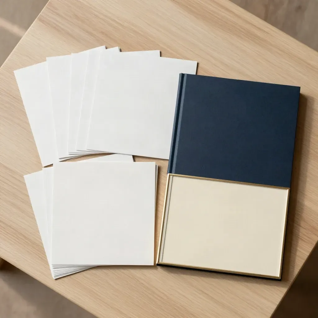Overhead flatlay of a sales listing pack with blank sheets, sleeve and miniature estate board on pale oak.