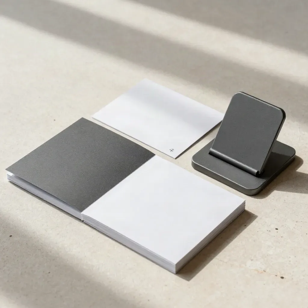 Overhead flat lay of a buyer guidance call kit on pale limestone with soft window light.