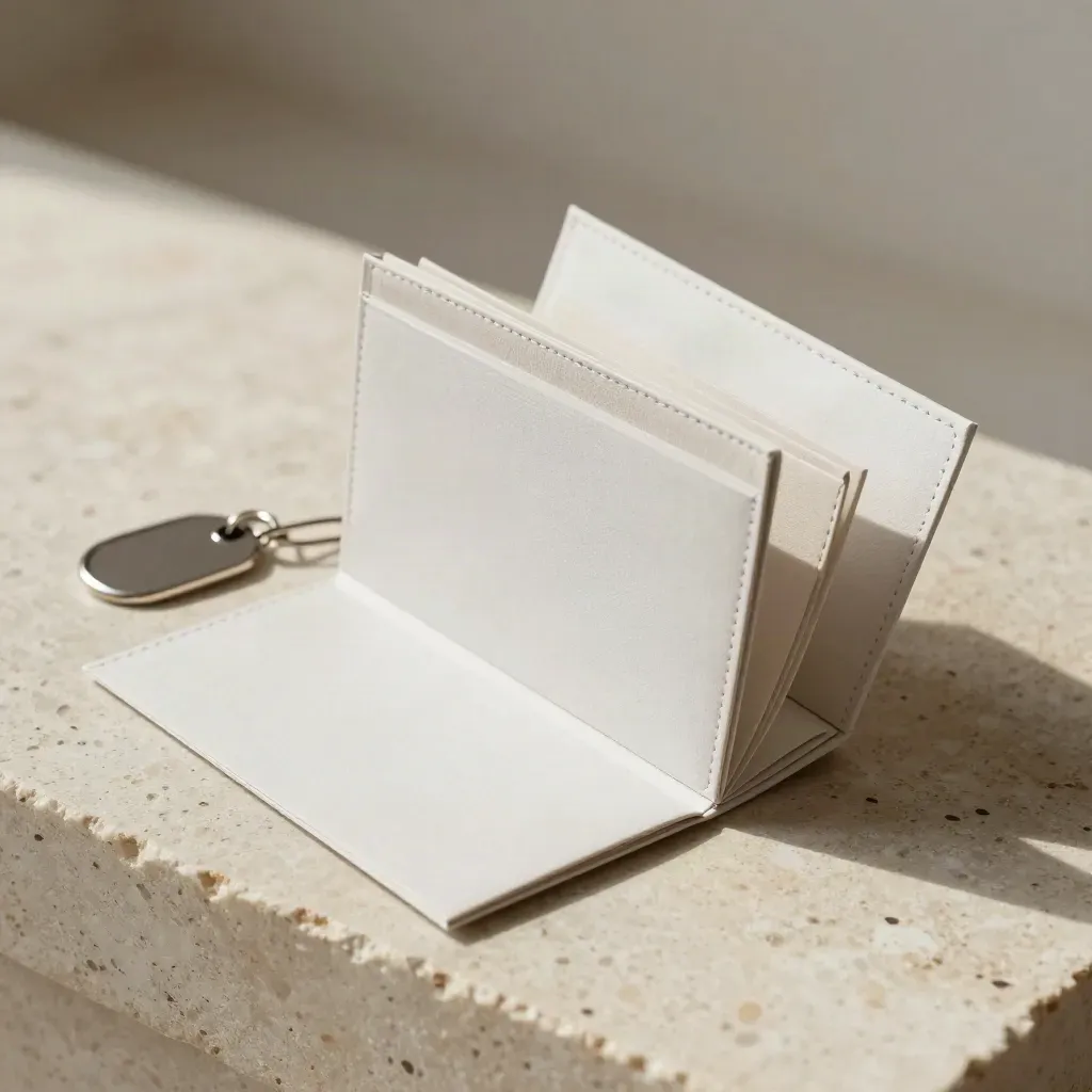 Macro of a folded valuation pack with sleeve, key tag and blank inserts on pale travertine.