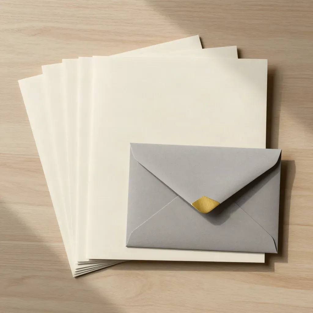 Overhead flatlay of a blank flyer pack with a rigid envelope and gold tab on pale oak