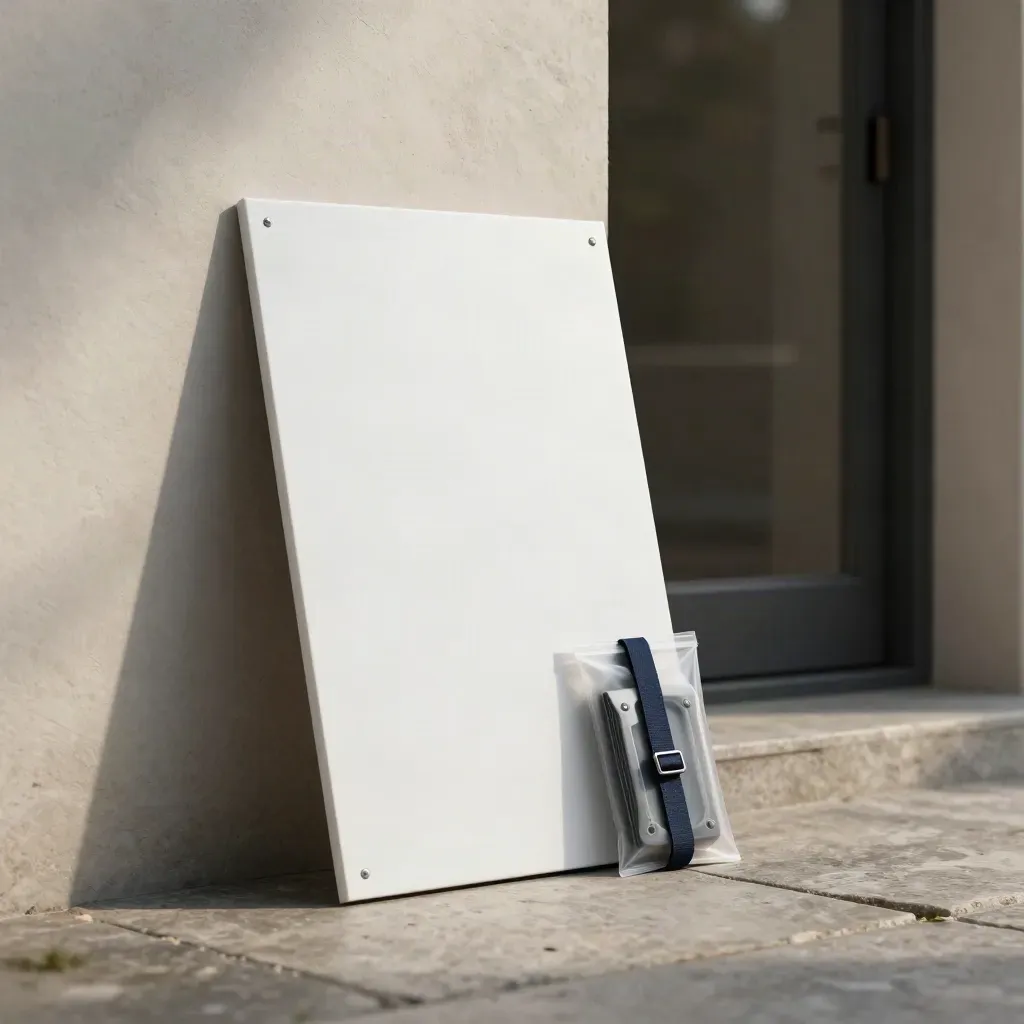 For Sale board kit beside a doorway, with blank panel, fixings pouch and sleeve on a stone path.