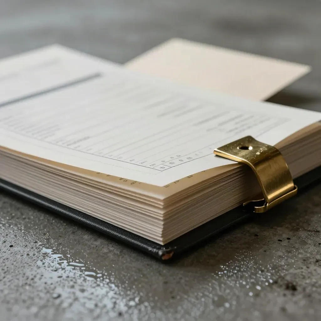 Inventory report kit sliding across wet concrete with brass clip and cream sheets